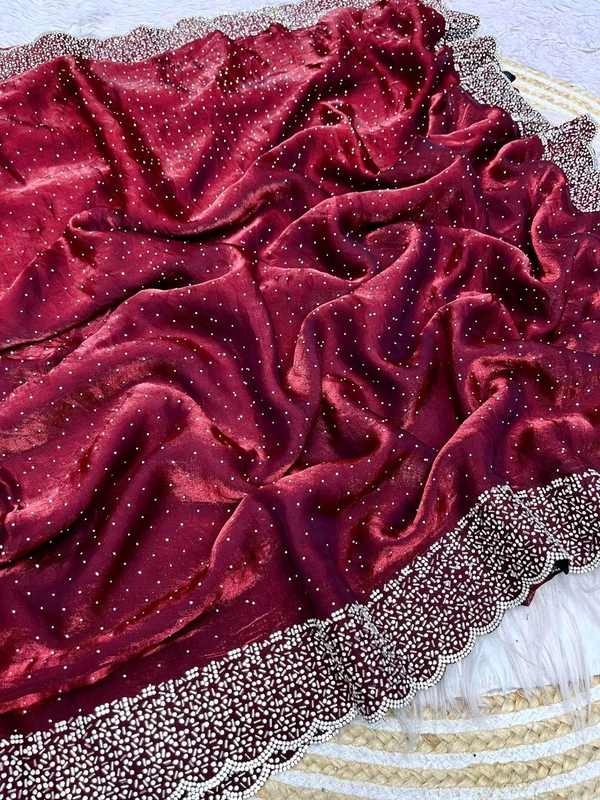 W77018 Beautiful Jarkhan Diamond Work Space Silk Saree  - Bright Red