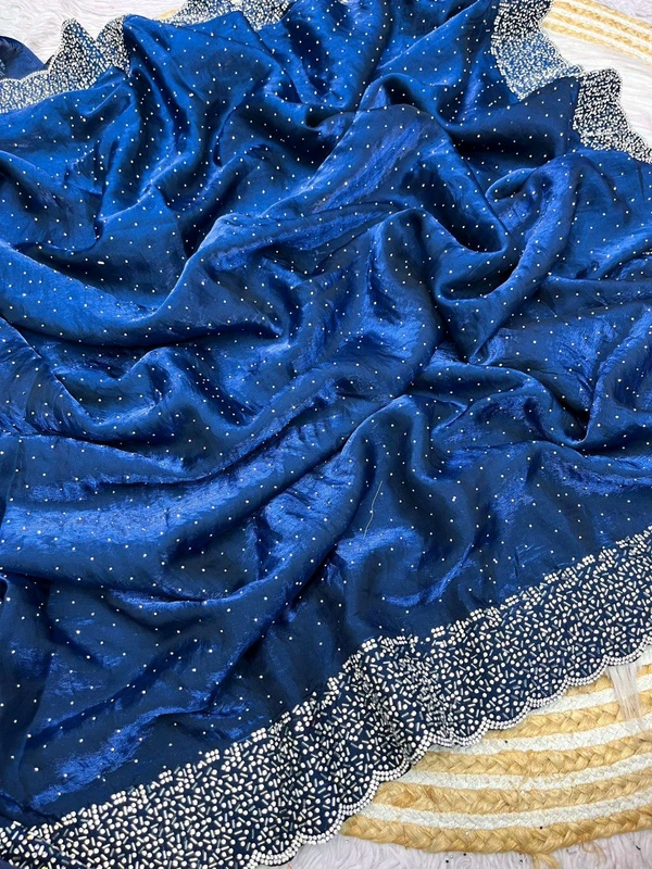 W77018 Beautiful Jarkhan Diamond Work Space Silk Saree  - Dark Blue