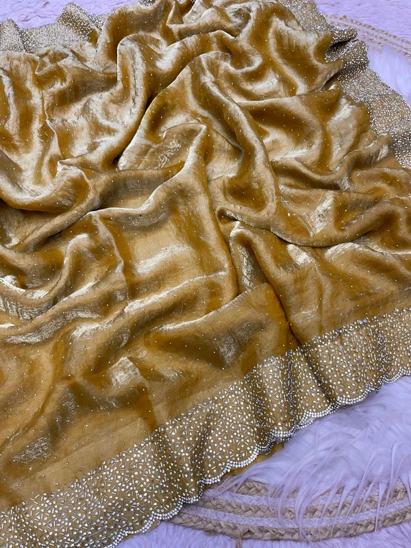 W77018 Beautiful Jarkhan Diamond Work Space Silk Saree  - Gold