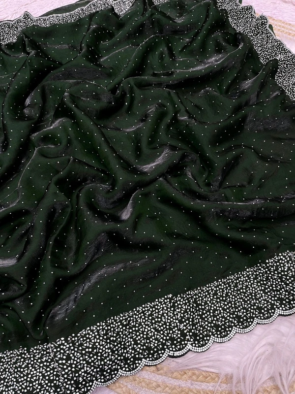 W77018 Beautiful Jarkhan Diamond Work Space Silk Saree  - bottle Green