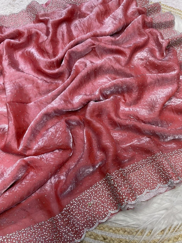 W77018 Beautiful Jarkhan Diamond Work Space Silk Saree  - Peach