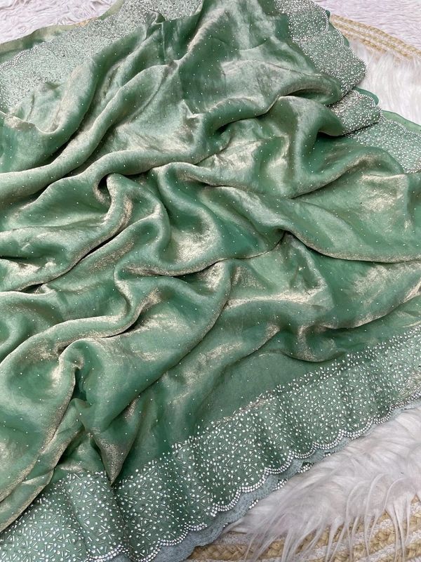W77018 Beautiful Jarkhan Diamond Work Space Silk Saree  - Jungle Mist