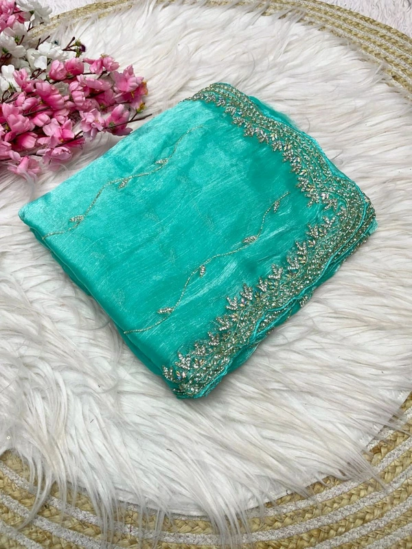 W77020 FULL hand Work Heavy embroidery Work Jimmy Choo Saree - Turquoise