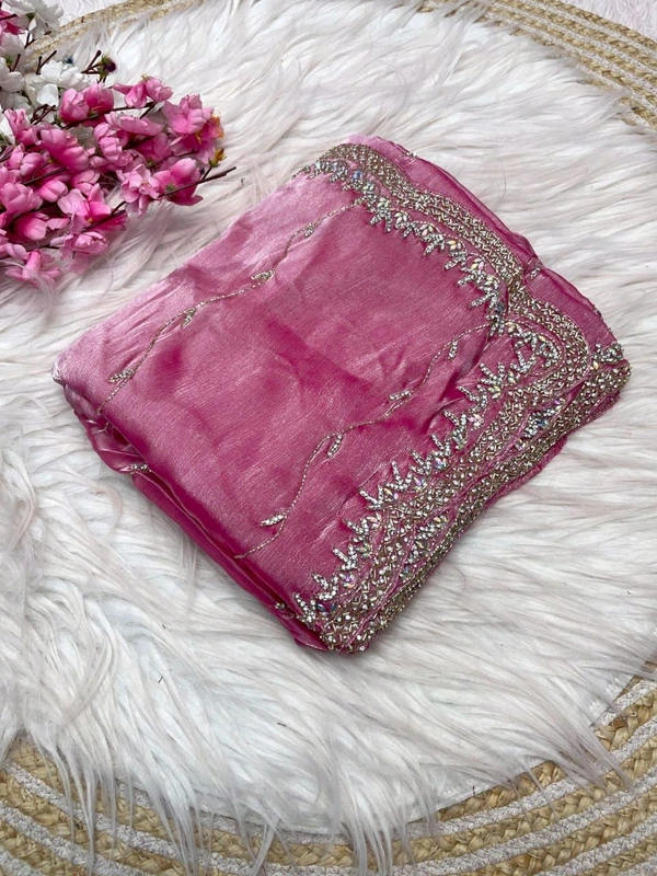 W77020 FULL hand Work Heavy embroidery Work Jimmy Choo Saree - onion pink