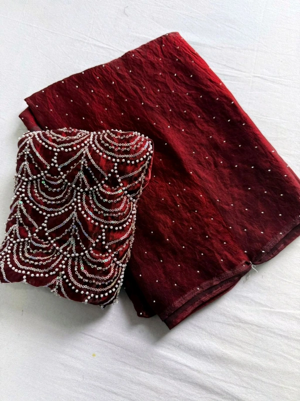 KS0302 Fendy Sattin Dual Shad Saree With Moti Sequence Work Blouse  - Maroon