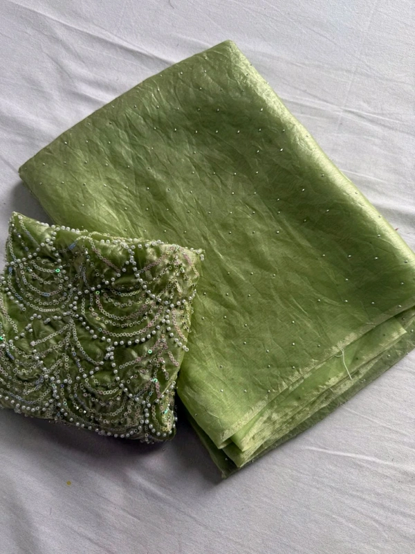 KS0302 Fendy Sattin Dual Shad Saree With Moti Sequence Work Blouse  - Mint Green