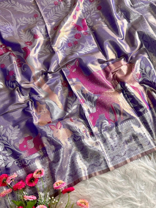 W03020 Intricate Animal Print Pure tissue silk saree - Levender