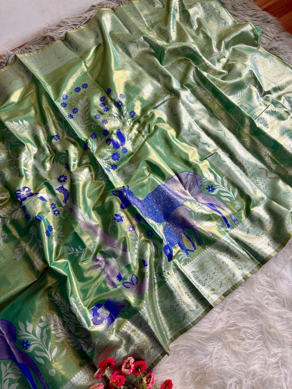 W03020 Intricate Animal Print Pure tissue silk saree - Green