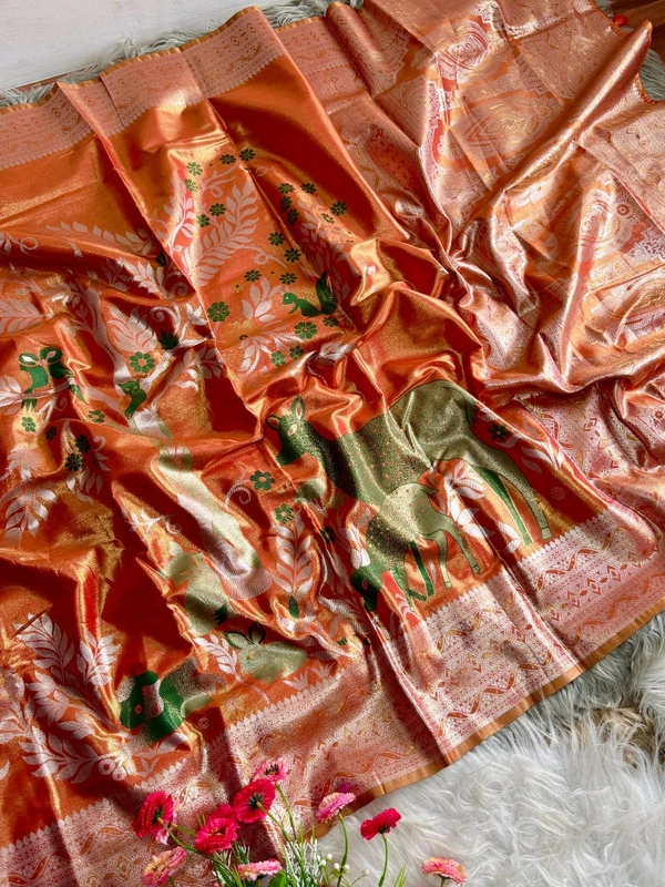 W03020 Intricate Animal Print Pure tissue silk saree - Red Orange