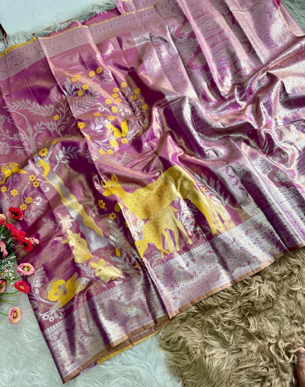 W03020 Intricate Animal Print Pure tissue silk saree - Pink