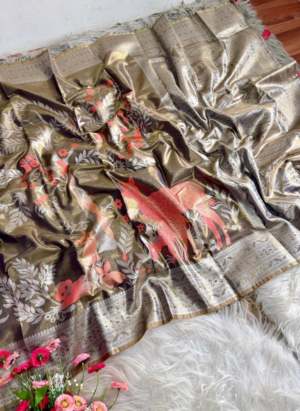 W03020 Intricate Animal Print Pure tissue silk saree - Gray