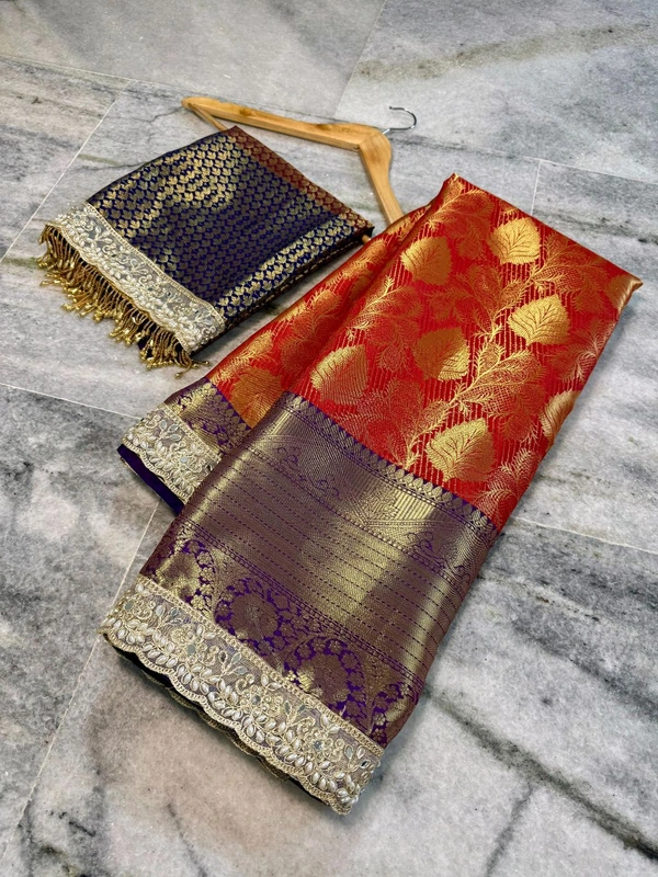 B17055 Maggam Lace border soft Katan Silk Saree