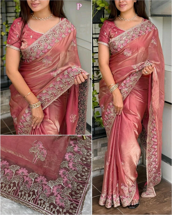 W12010 Premium space silk saree with Embroidery and zarkhan touch up 💓 - Peach