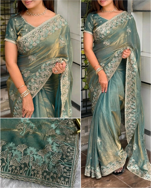 W12010 Premium space silk saree with Embroidery and zarkhan touch up 💓 - Eastern Blue