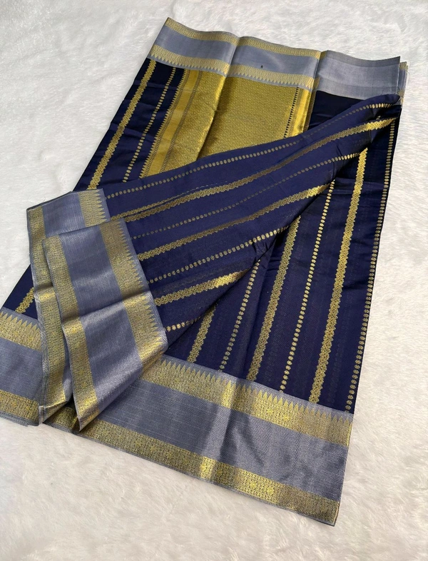 B12004 Soft Katan Kanjivaram Silk Saree  - Navy Blue