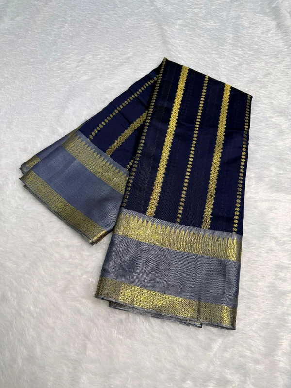 B12004 Soft Katan Kanjivaram Silk Saree  - Navy Blue