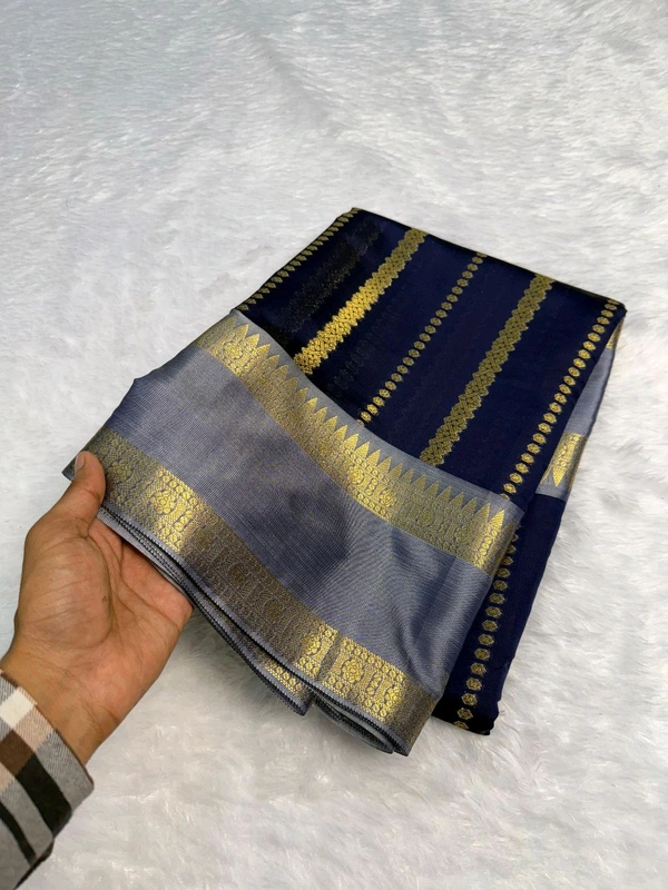 B12004 Soft Katan Kanjivaram Silk Saree  - Navy Blue