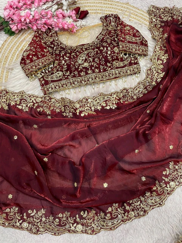 W77108 Trending space silk saree with Net Work Blouse - Maroon, 40