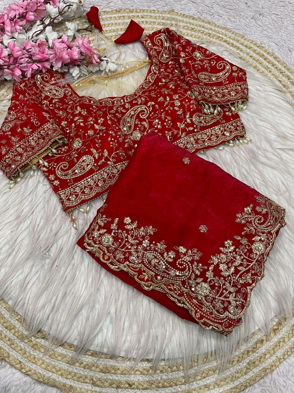 W77108 Trending space silk saree with Net Work Blouse - Red, 38