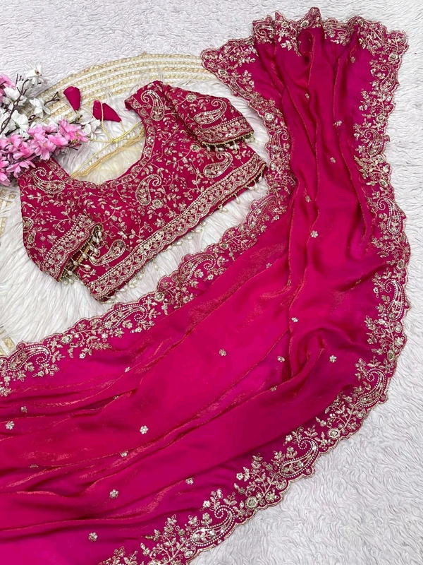 W77108 Trending space silk saree with Net Work Blouse - Pink, 36
