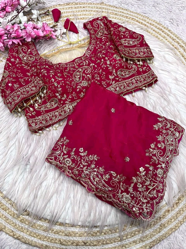W77108 Trending space silk saree with Net Work Blouse - Pink, 42
