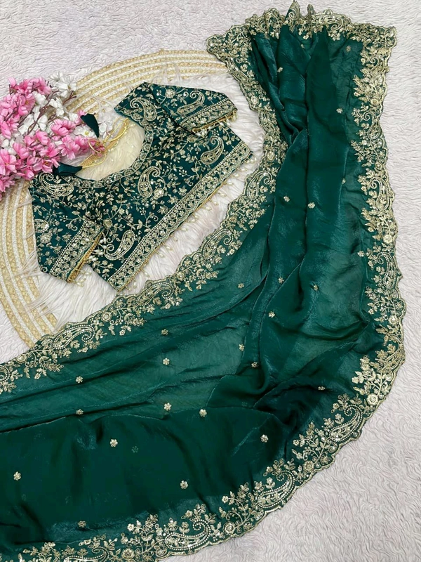 W77108 Trending space silk saree with Net Work Blouse - Green, 40