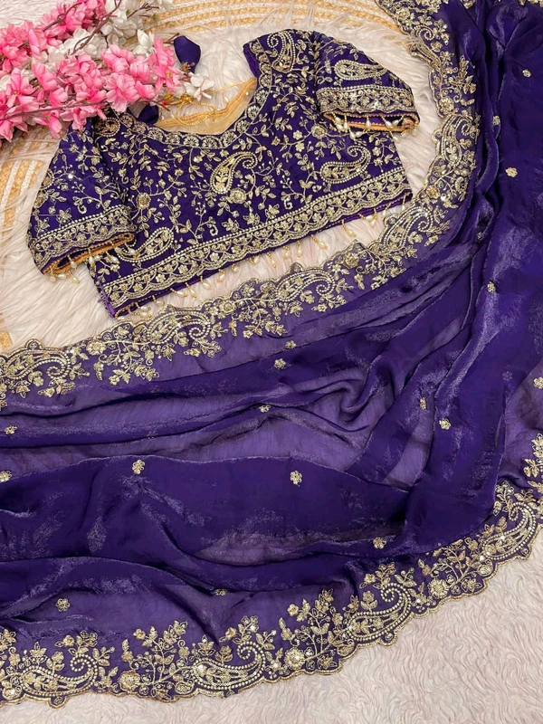 W77108 Trending space silk saree with Net Work Blouse - Dark Blue, 40