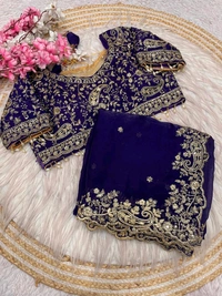 W77108 Trending space silk saree with Net Work Blouse - Dark Blue, 42