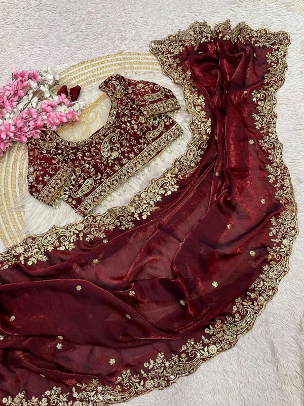 W77108 Trending space silk saree with Net Work Blouse - Maroon, 38