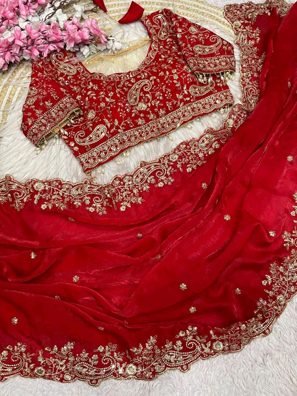 W77108 Trending space silk saree with Net Work Blouse - Red, 40