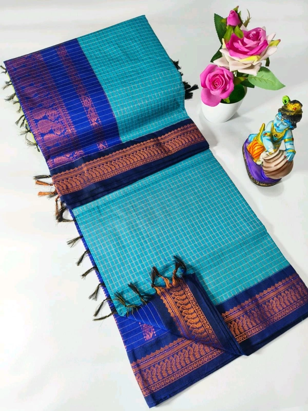 KC0101 Checked Kalyani Cotton Saree - KC0156 - Sky blue