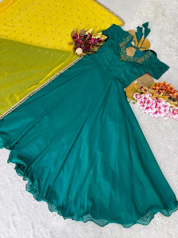 W07082 Maggam Work Gown With Dupatta  - L