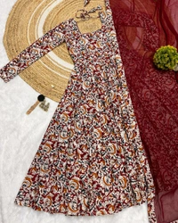 W07108 Pure kalamkari block Print Anarkali Gown with Duppata  - Bright Red, S