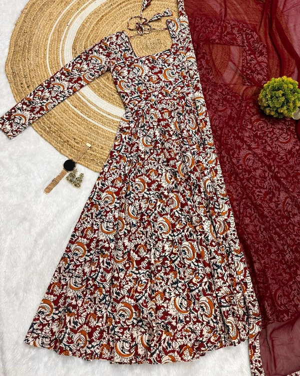 W07108 Pure kalamkari block Print Anarkali Gown with Duppata  - Bright Red, S