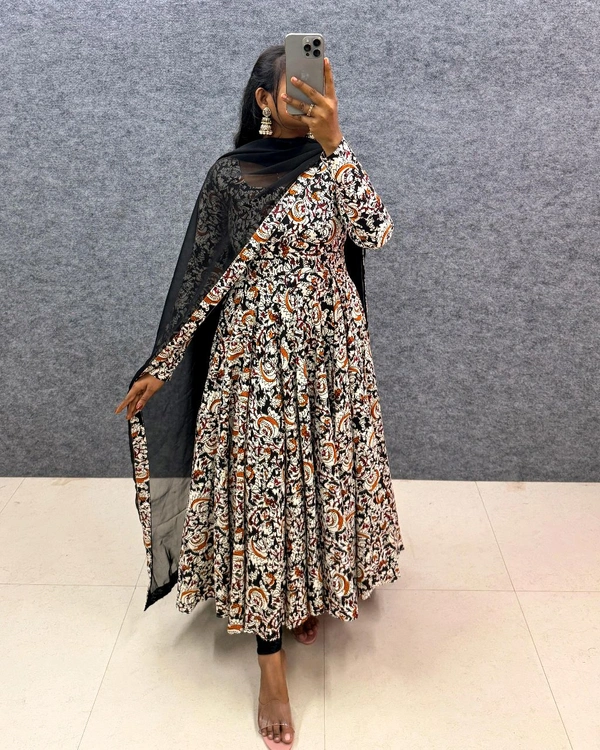 W07108 Pure kalamkari block Print Anarkali Gown with Duppata  - Black, L