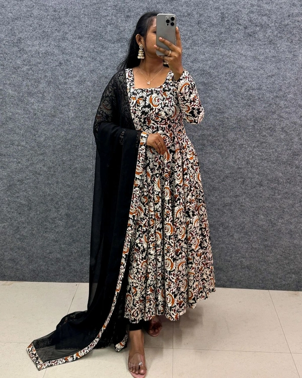 W07108 Pure kalamkari block Print Anarkali Gown with Duppata  - Black, L