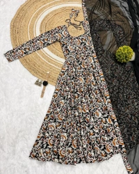 W07108 Pure kalamkari block Print Anarkali Gown with Duppata  - Black, L