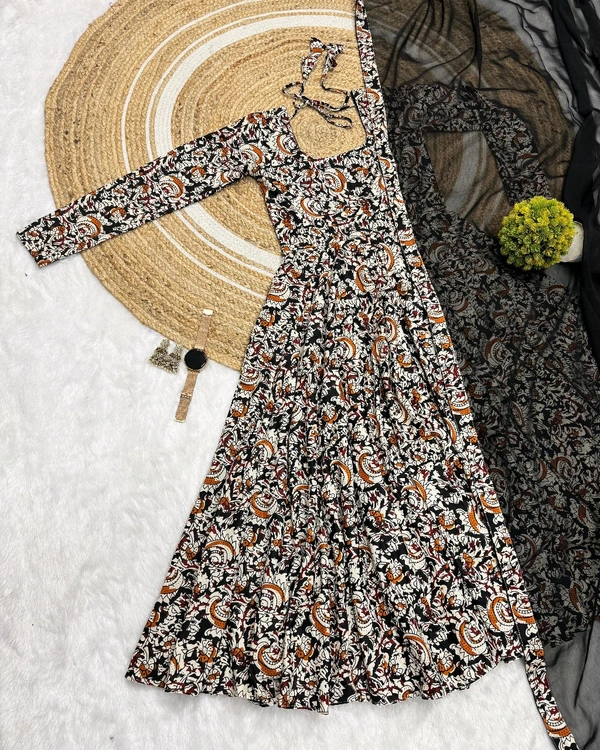 W07108 Pure kalamkari block Print Anarkali Gown with Duppata  - Black, L