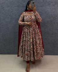W07108 Pure kalamkari block Print Anarkali Gown with Duppata  - Bright Red, L