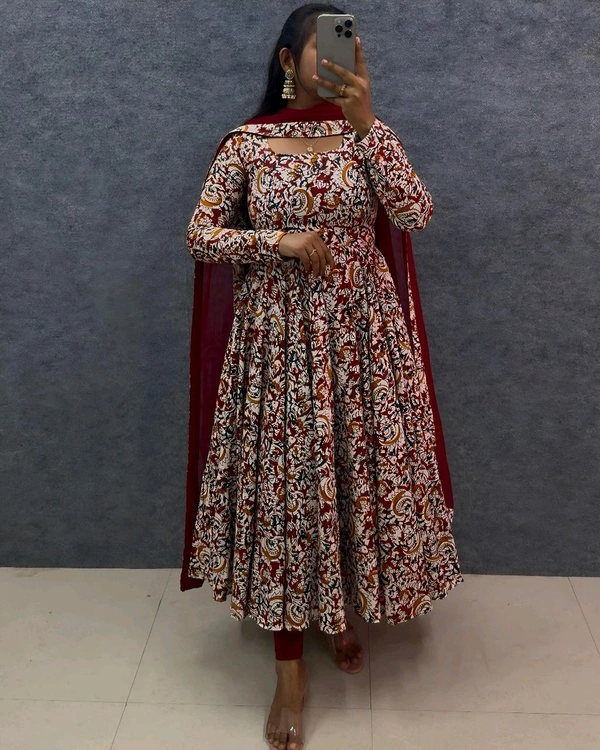 W07108 Pure kalamkari block Print Anarkali Gown with Duppata  - Bright Red, XL