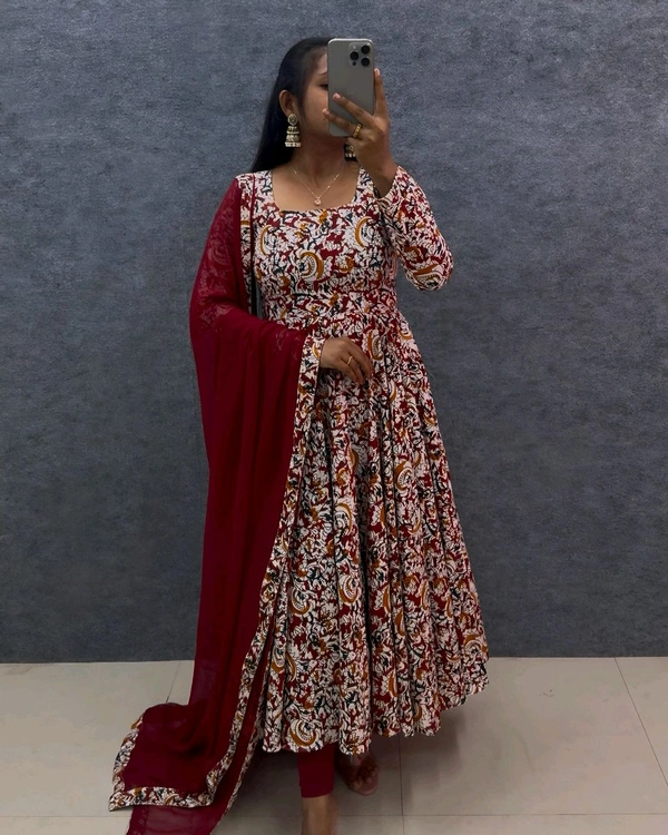 W07108 Pure kalamkari block Print Anarkali Gown with Duppata  - Bright Red, XL