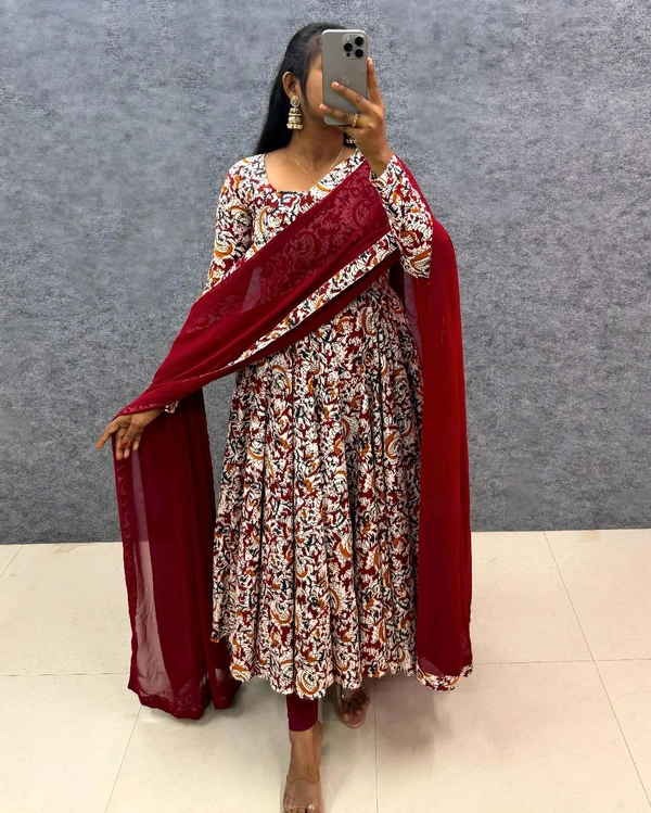 W07108 Pure kalamkari block Print Anarkali Gown with Duppata  - Bright Red, XXXL
