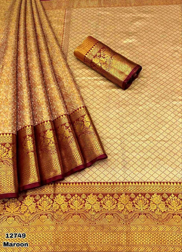 KS0201 1 Gm Gold Zari Weaving Kanjivaram Silk Saree  - Maroom