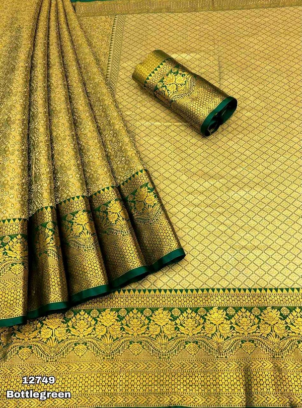 KS0201 1 Gm Gold Zari Weaving Kanjivaram Silk Saree  - Bottle green