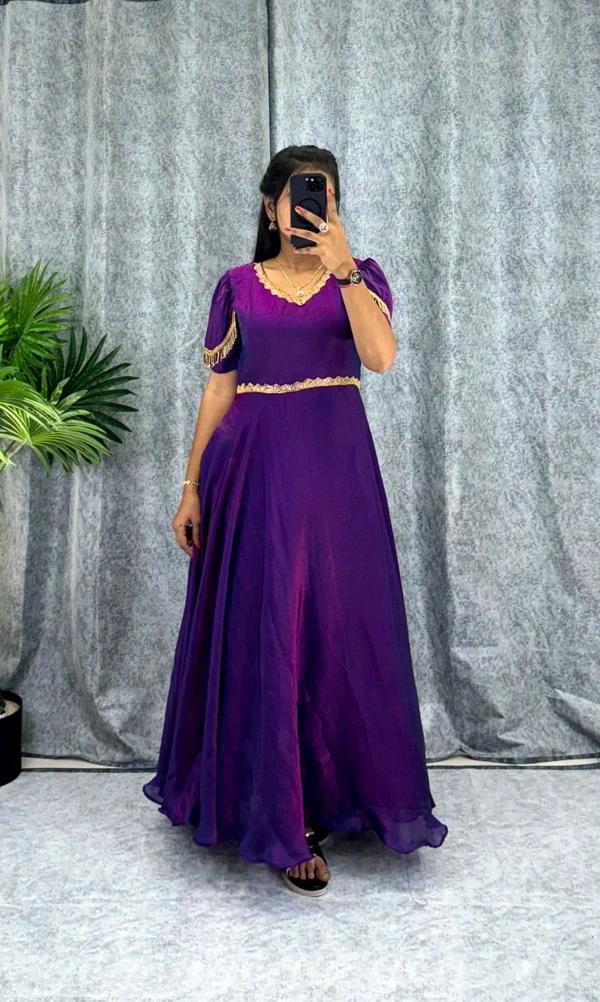 W06110 Premium dual shaded space silk Gown with Attractive hanging Sleeve - Purple, S-36