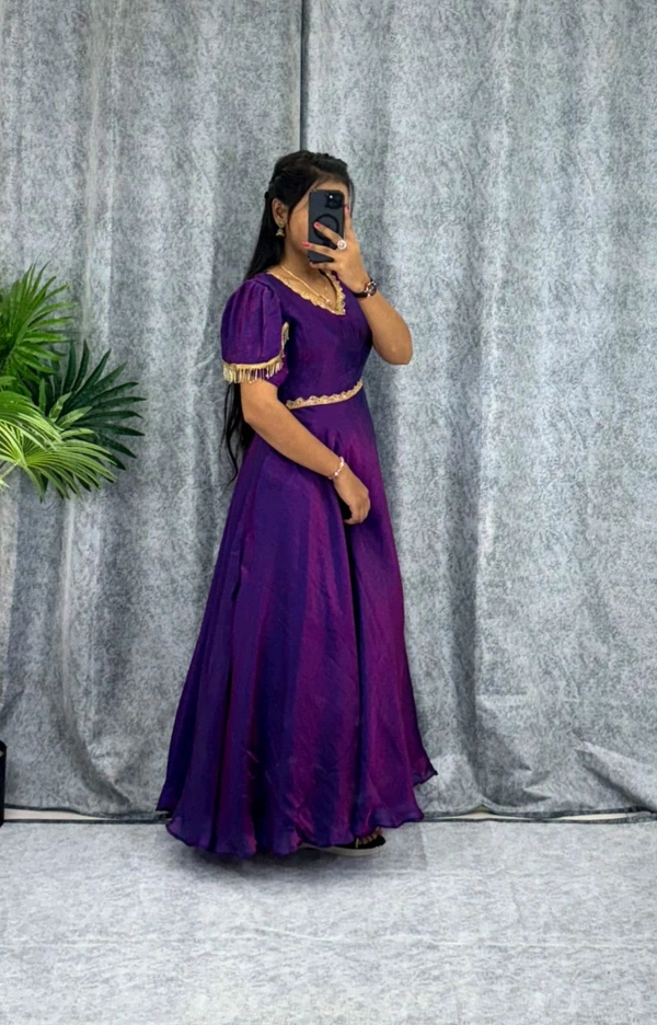 W06110 Premium dual shaded space silk Gown with Attractive hanging Sleeve - Purple, M-38