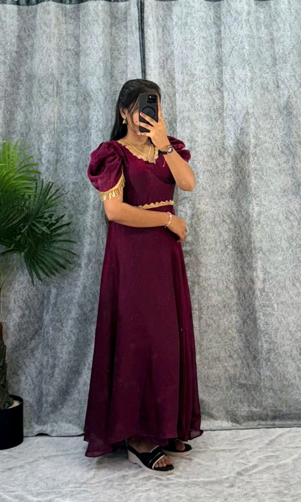 W06110 Premium dual shaded space silk Gown with Attractive hanging Sleeve - Megenda, XXL-44