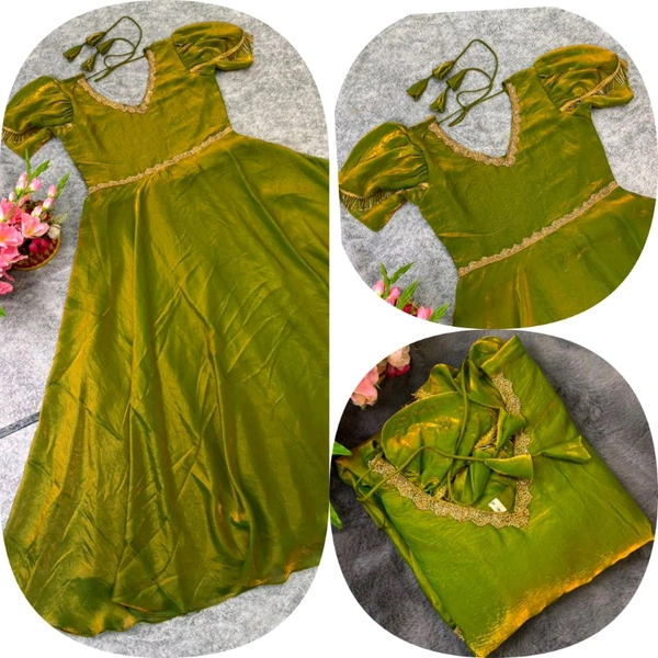 W06110 Premium dual shaded space silk Gown with Attractive hanging Sleeve - Mehedi Green, L-40