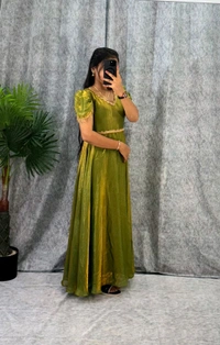 W06110 Premium dual shaded space silk Gown with Attractive hanging Sleeve - Mehedi Green, XXL-44