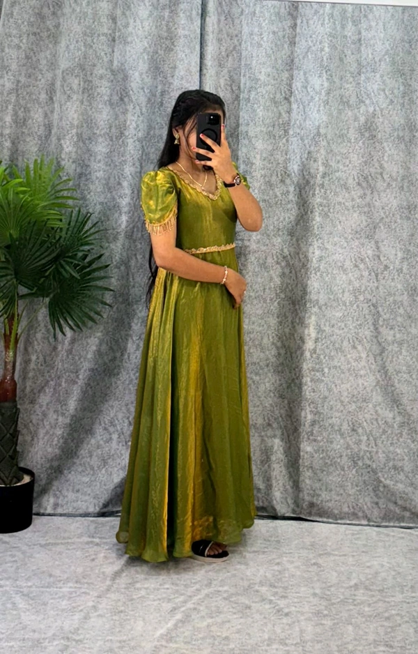 W06110 Premium dual shaded space silk Gown with Attractive hanging Sleeve - Mehedi Green, XXL-44